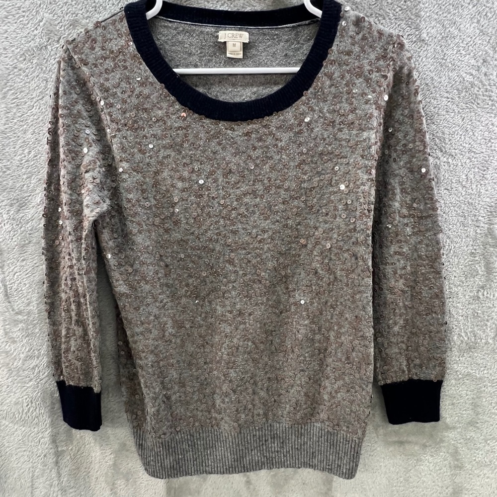 J.Crew Gray Sequin M Merino Wool Blend Scoop Neck Sweater Navy Trim Glam Festive